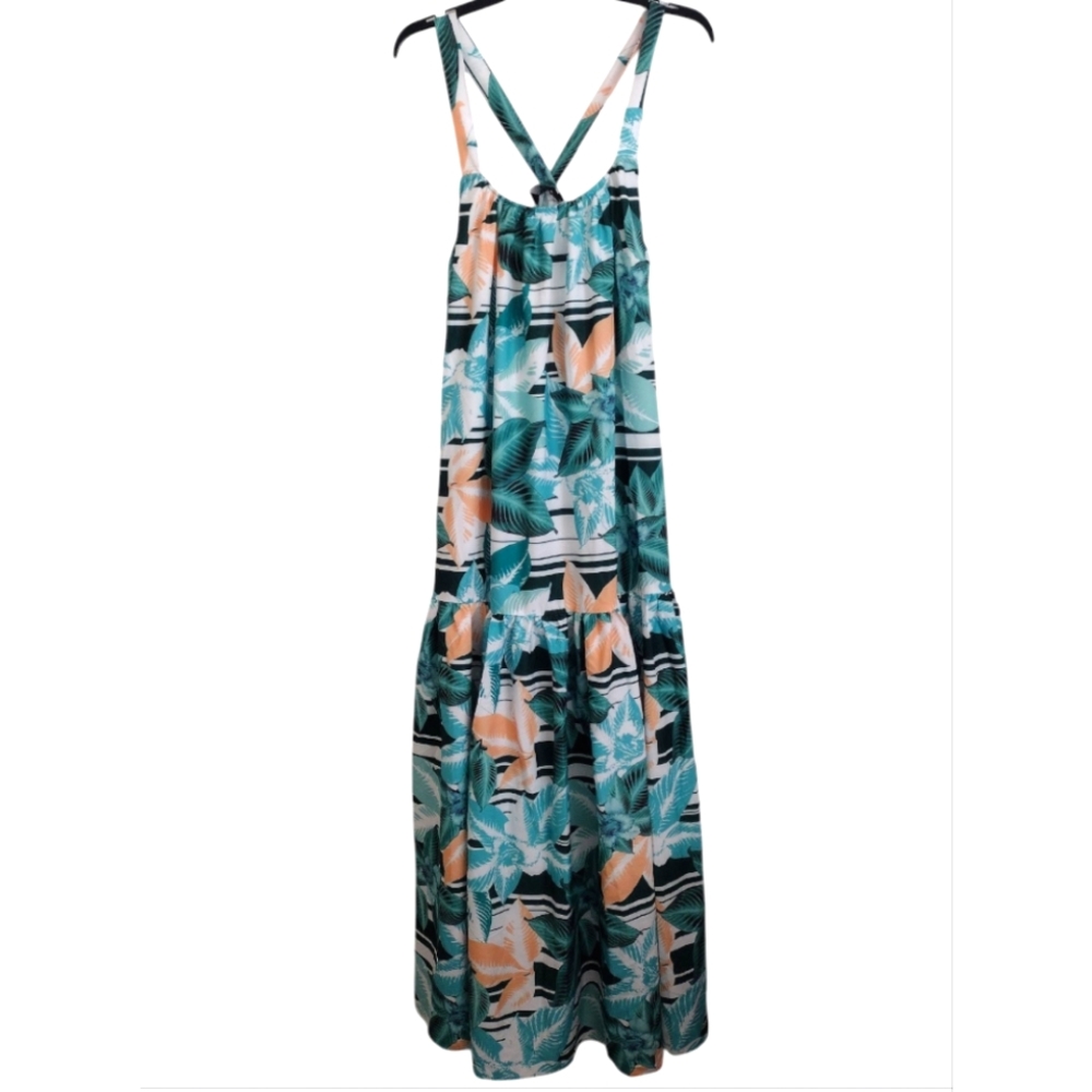 Tov Los Angeles Multicolored Tiered Halter Sundress Tropical Leaf Print Size 12